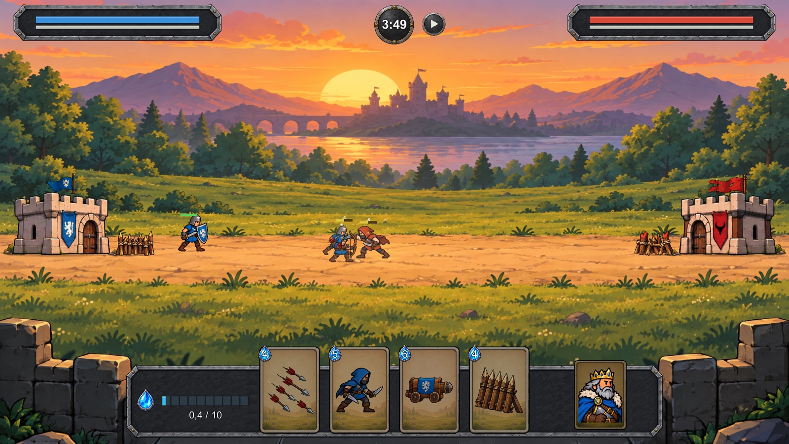 A Castle Cards battle at sunset: two castles, soldiers clashing in the middle, four cards in hand